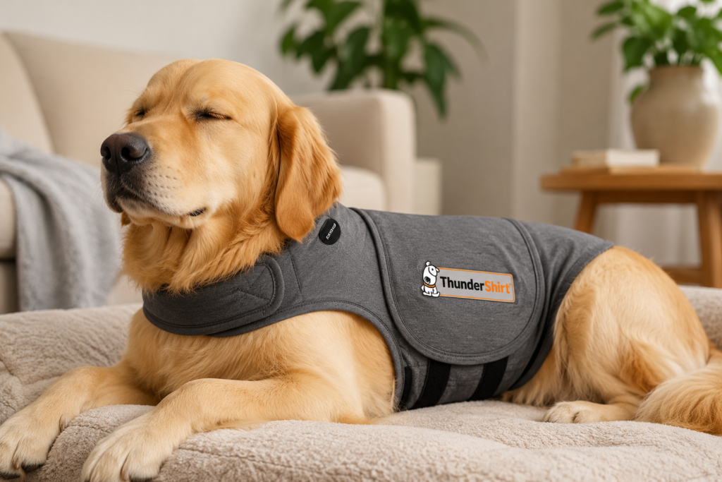 calm dog wearing ThunderShirt