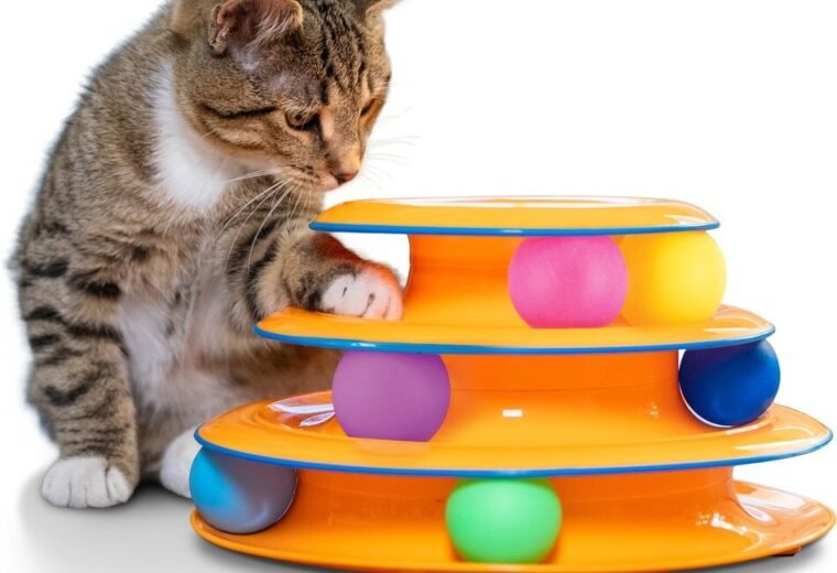 Catstages Tower of Tracks orange three-tier interactive cat toy with six colorful balls