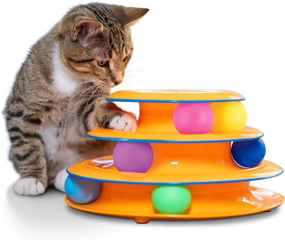 Catstages Tower of Tracks orange three-tier interactive cat toy with six colorful balls