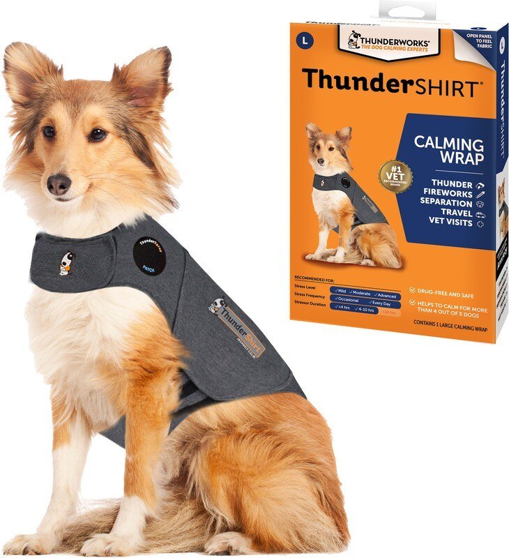 ThunderShirt Classic calming wrap in heather gray fitted on a dog beside its package