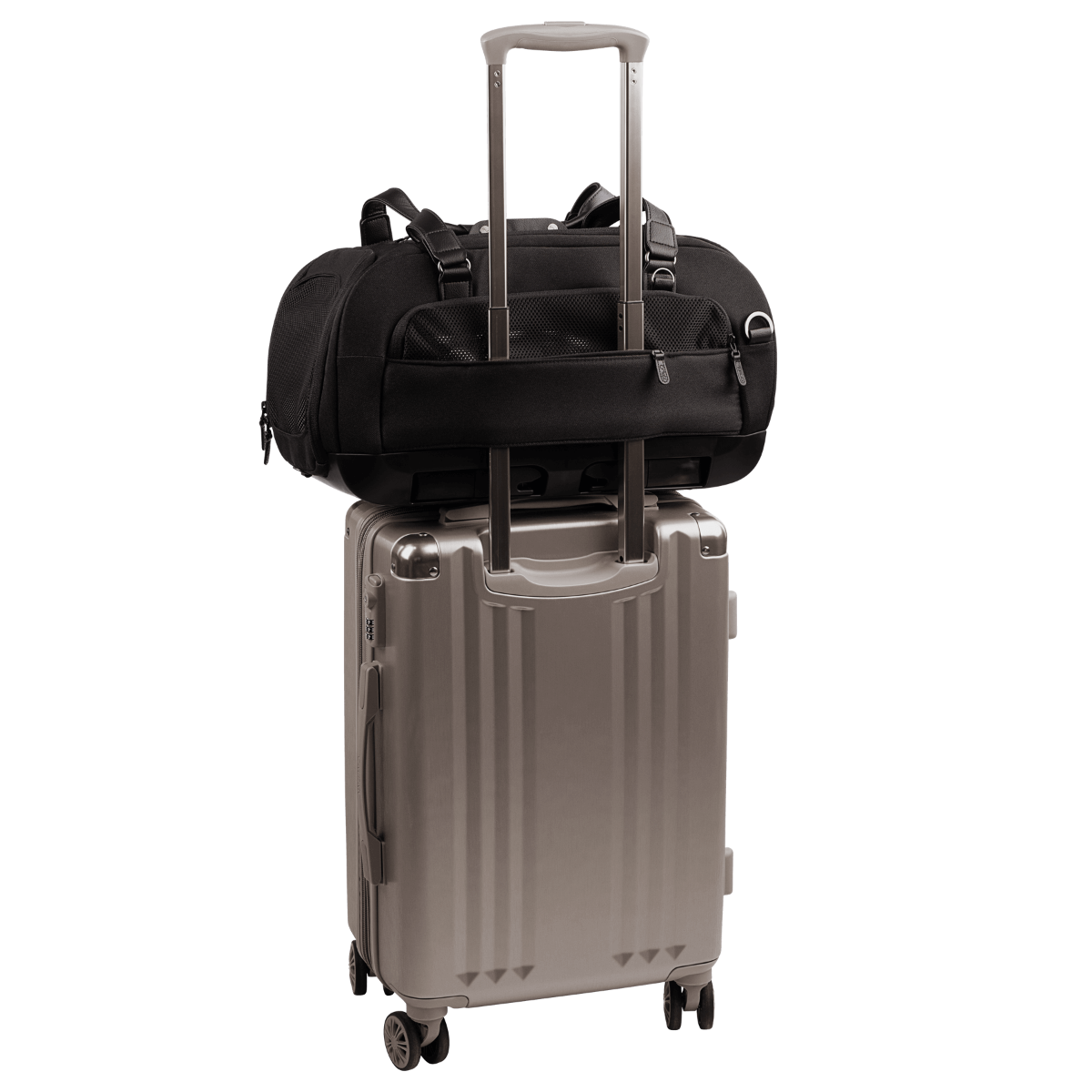back view of compact, black pet car seat with two carry handles on top sitting on a silver, hardshell suitcase, secured with the carrier's trolley sleeve - view 7