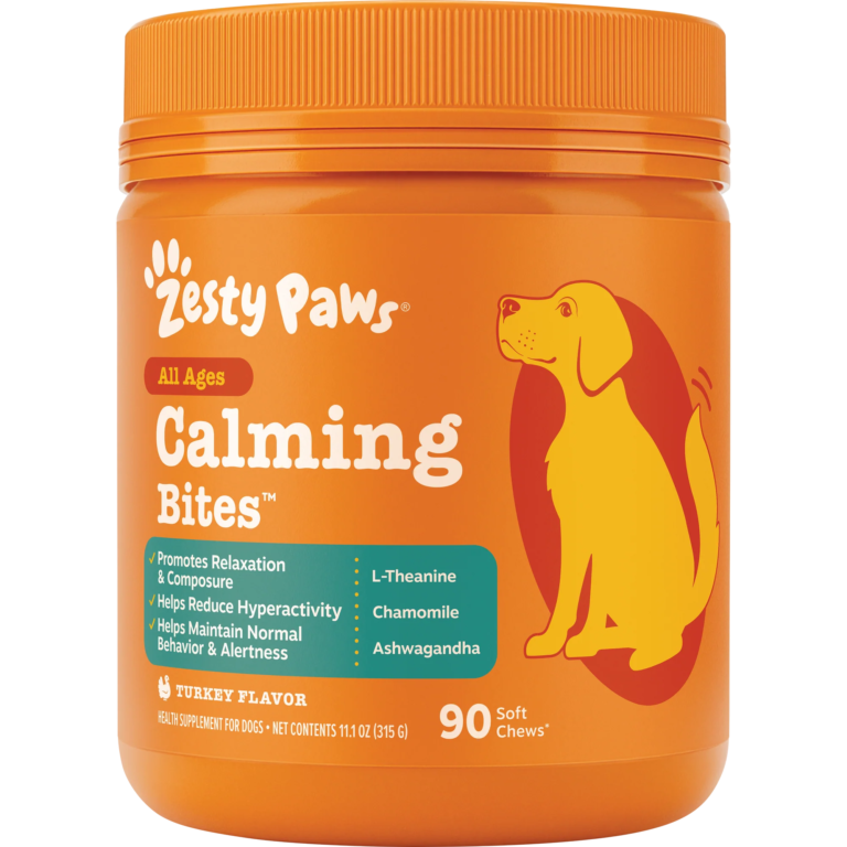 Zesty Paws Calming Bites turkey flavor 90 soft chews exact front jar image