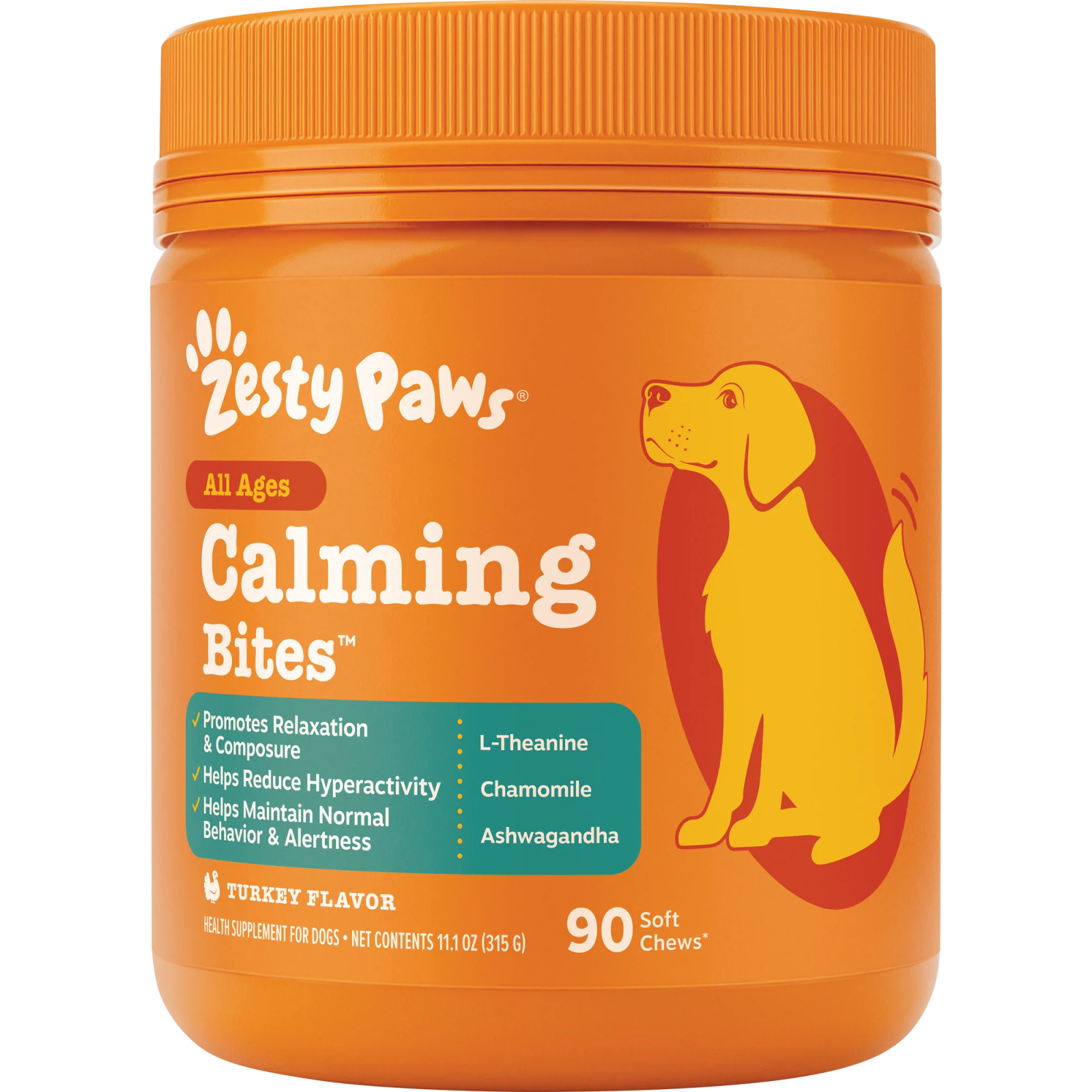 Zesty Paws Calming Bites turkey flavor 90 soft chews exact front jar image