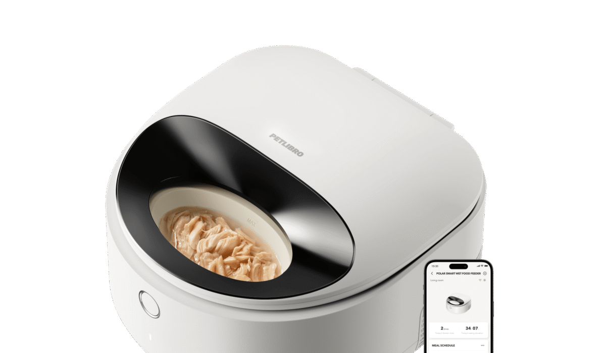 Petlibro smart automatic wet food pet feeder in white with black bowl and mobile app control shown on smartphone