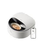 Petlibro smart automatic wet food pet feeder in white with black bowl and mobile app control shown on smartphone