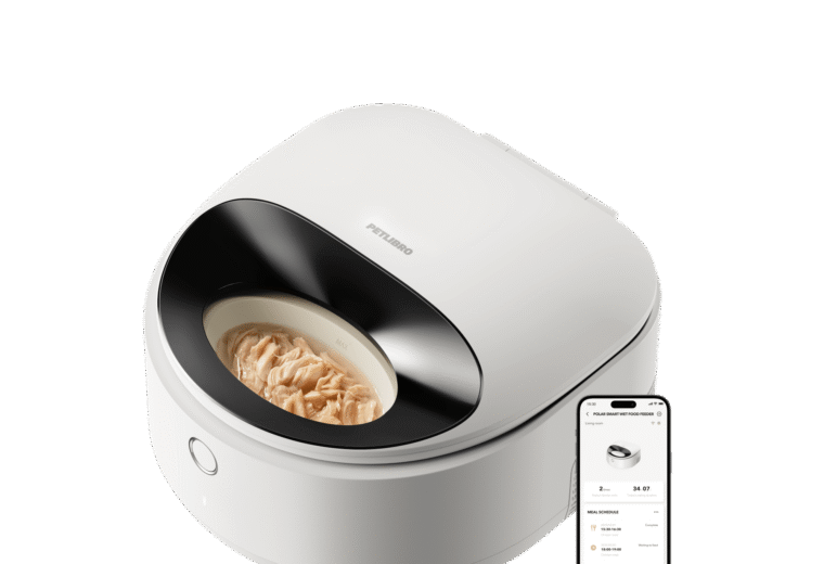 Petlibro smart automatic wet food pet feeder in white with black bowl and mobile app control shown on smartphone