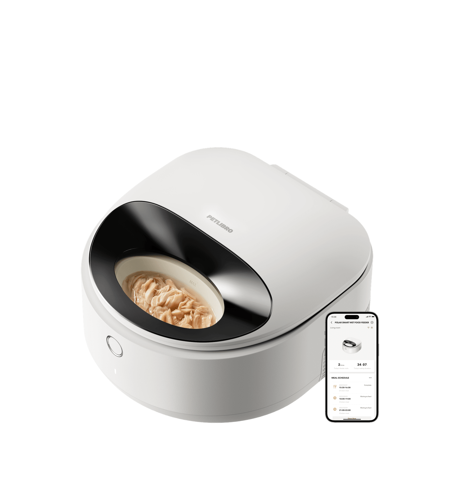 Petlibro smart automatic wet food pet feeder in white with black bowl and mobile app control shown on smartphone