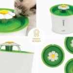 Catit Flower Fountain product views showing its flower top and water-flow settings