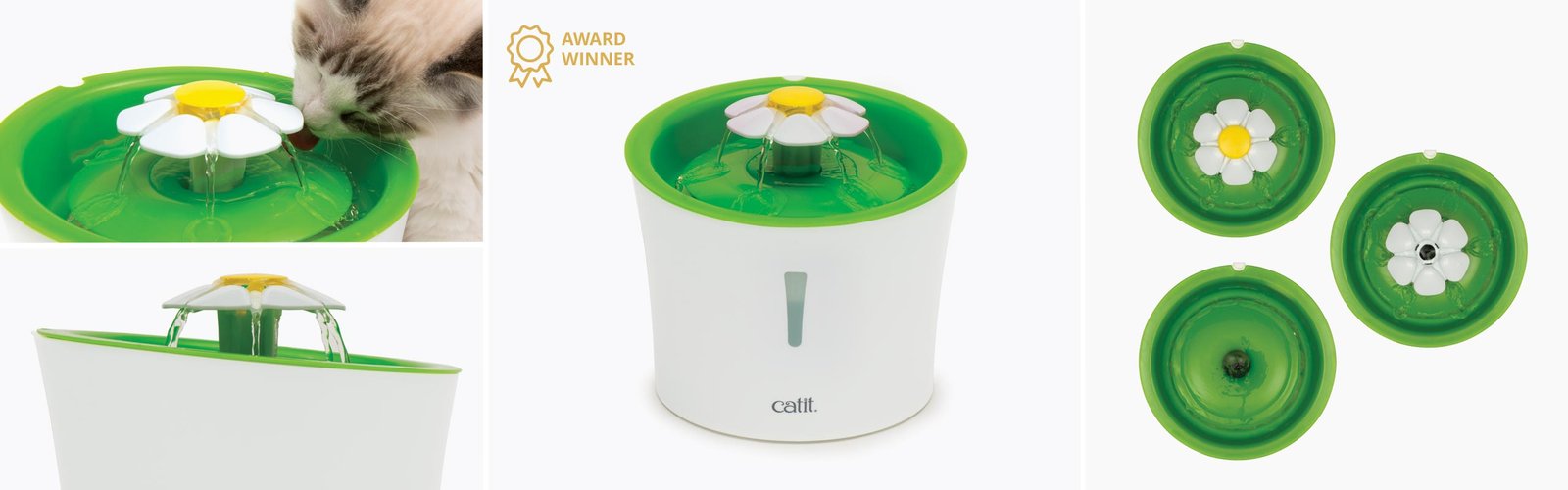 Original green Catit Flower Fountain shown from multiple exact product angles