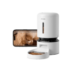 PETLIBRO Granary Smart Camera Feeder in white with stainless steel bowl and phone monitoring view