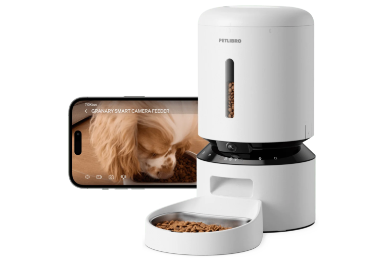 PETLIBRO Granary Smart Camera Feeder in white with stainless steel bowl and phone monitoring view