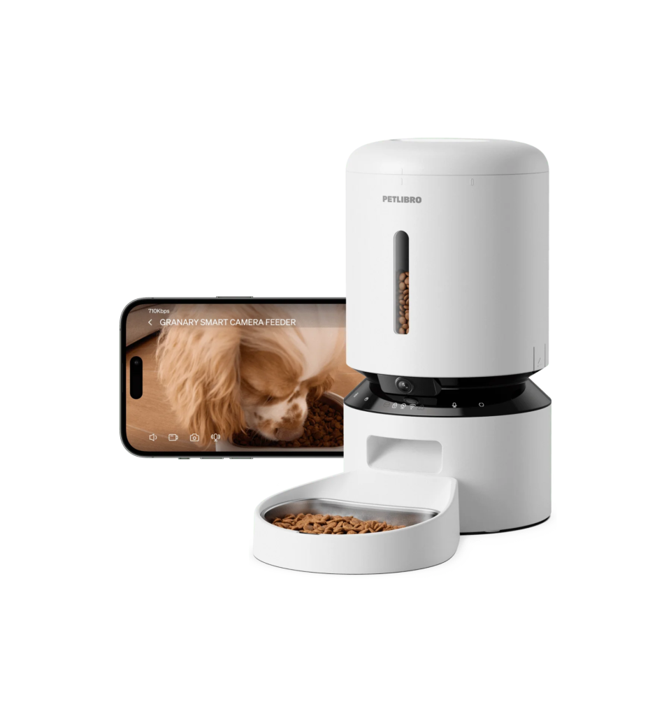 PETLIBRO Granary Smart Camera Feeder in white with stainless steel bowl and phone monitoring view