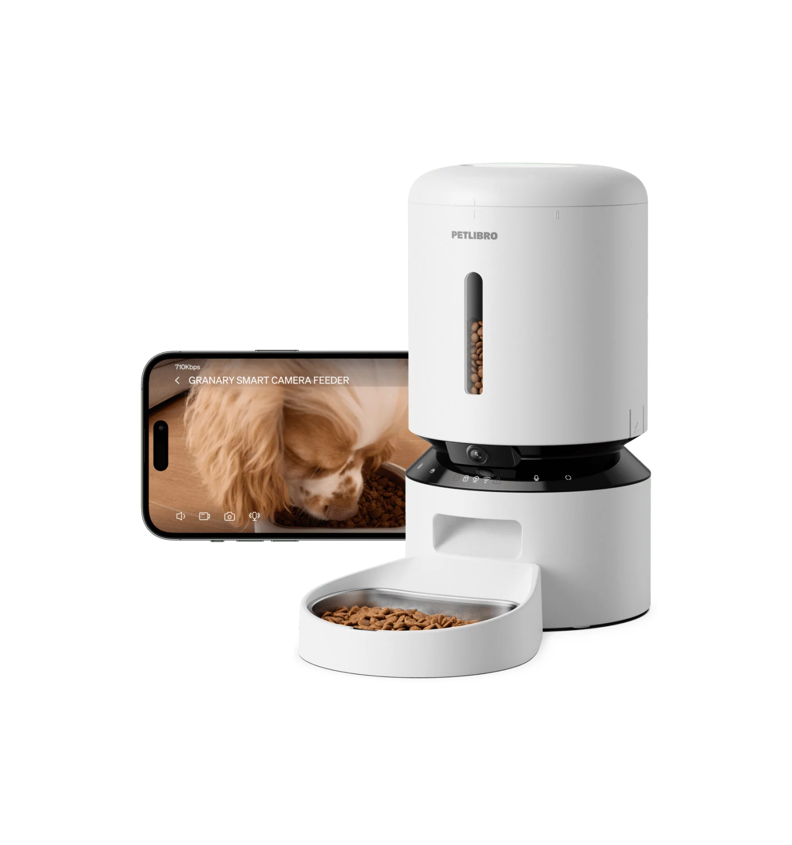PETLIBRO Granary Smart Camera Feeder in white with stainless steel bowl and phone monitoring view