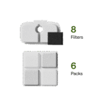 Petlibro water fountain filters, 8 white rectangular filters and 6 packs, shown on a green background.