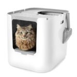 Modkat XL Litter Box front-entry configuration with cat poking its head out the front