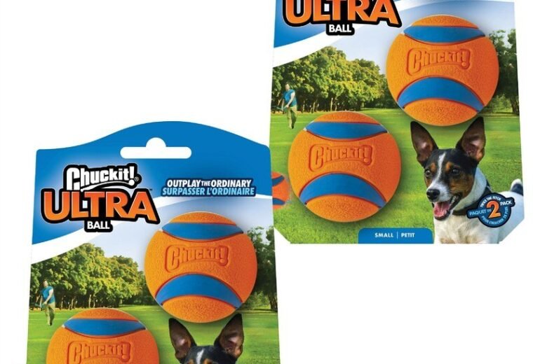 Chuckit Ultra Ball orange and blue rubber dog balls in exact retail packaging