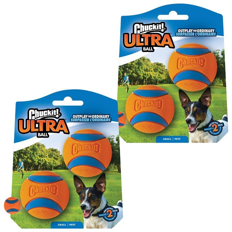 Chuckit Ultra Ball orange and blue rubber dog balls in exact retail packaging
