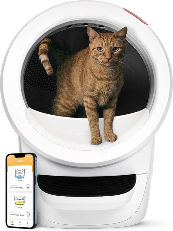 White Litter-Robot 4 automatic self-cleaning litter box with cat and Whisker mobile app