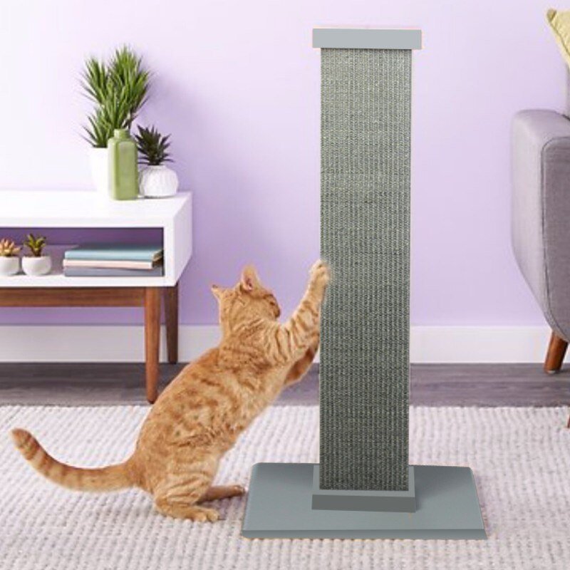 Gray SmartCat Ultimate 32-inch sisal scratching post with a cat using it