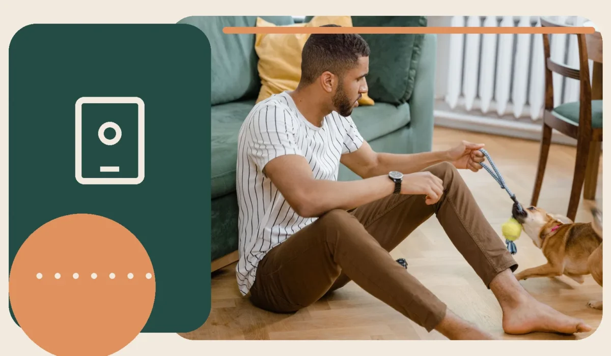Editorial lifestyle image representing connected pet monitoring and smart care.